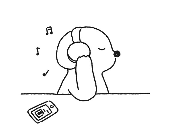 スマホで音楽を聴く犬